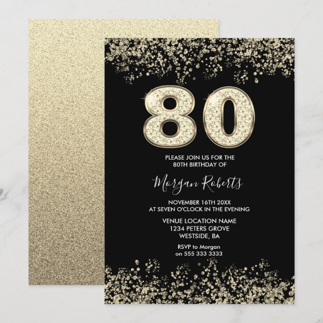 Invitación Purpurina de oro negro hombres mujer 80 cumpleaños (Anverso / Reverso)