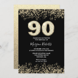 Invitación Purpurina de oro negro hombres mujer 90 cumpleaños