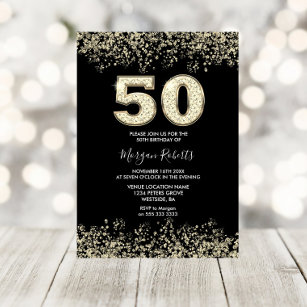 Invitación Purpurina de oro negro hombres mujeres 50 cumpleañ