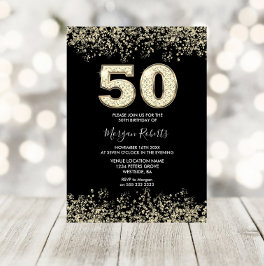 Invitación Purpurina de oro negro hombres mujeres 50 cumpleañ
