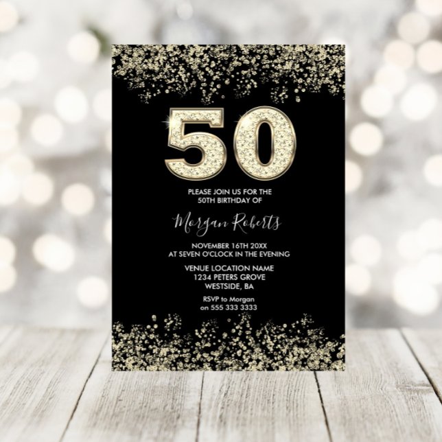 Invitación Purpurina de oro negro hombres mujeres 50 cumpleañ (Subido por el creador)