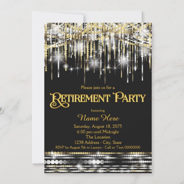Invitación Purpurina de oro negro Luces de destello Fiesta de (Anverso)