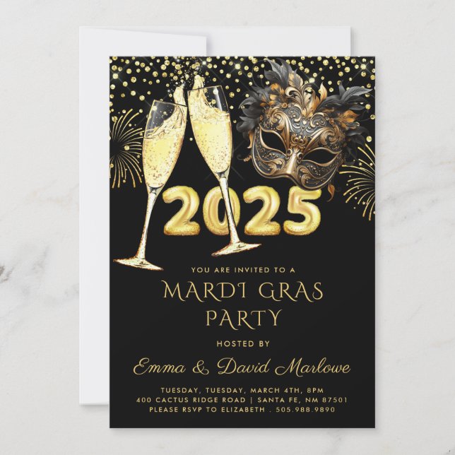 Invitación Purpurina de oro negro Mardi Gras Fiesta 2025 (Anverso)