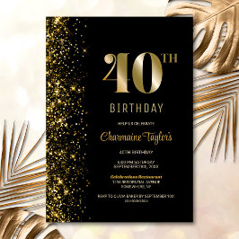 Invitación Purpurina de oro negro moderno 40 Fiesta de cumple