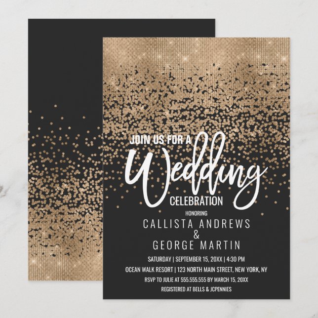 Invitación Purpurina de oro negro moderno Boda Confetti (Anverso / Reverso)
