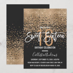 Invitación Purpurina de oro negro moderno Confetti Sweet 16