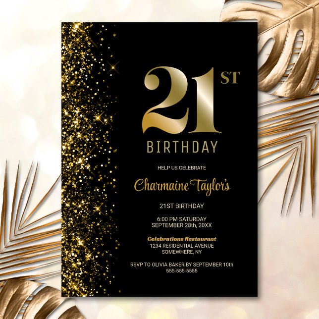 Invitación Purpurina de oro negro moderno Fiesta de cumpleaño (Subido por el creador)