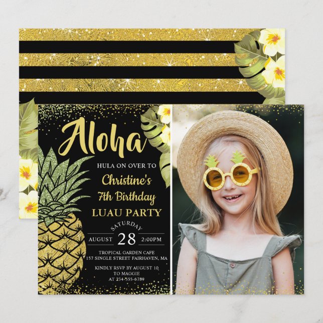 Invitación Purpurina de oro negro Pineapple Floral Birday Pho (Anverso / Reverso)