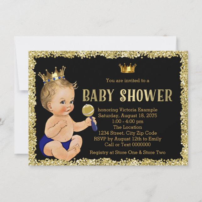 Invitación Purpurina de oro negro Prince Boy Baby Shower (Anverso)