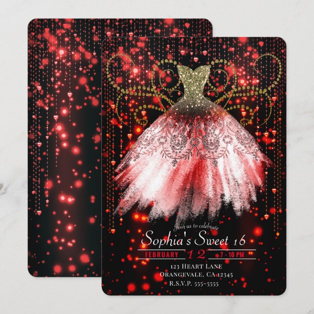 Invitación Purpurina de oro negro rojo vestido dulce 16 Fiest (Anverso / Reverso)
