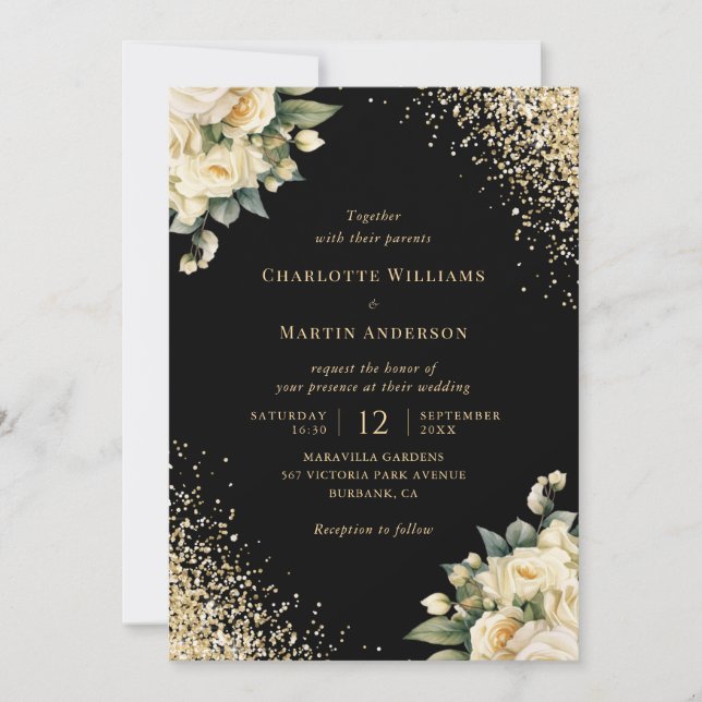 Invitación Purpurina de oro negro Rosas de marfil Boda de flo (Anverso)