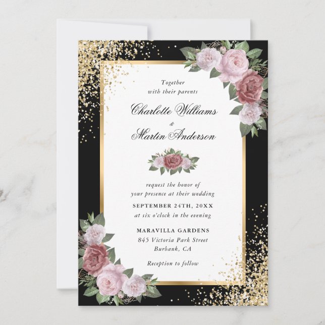 Invitación Purpurina de oro negro Rubor Boda floral rosa (Anverso)