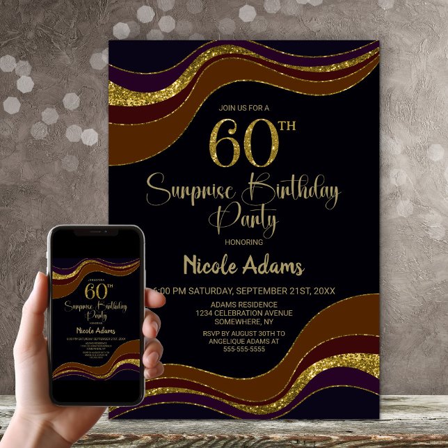 Invitación Purpurina de Oro Negro Sorpresa 60 cumpleaños fies (Subido por el creador)