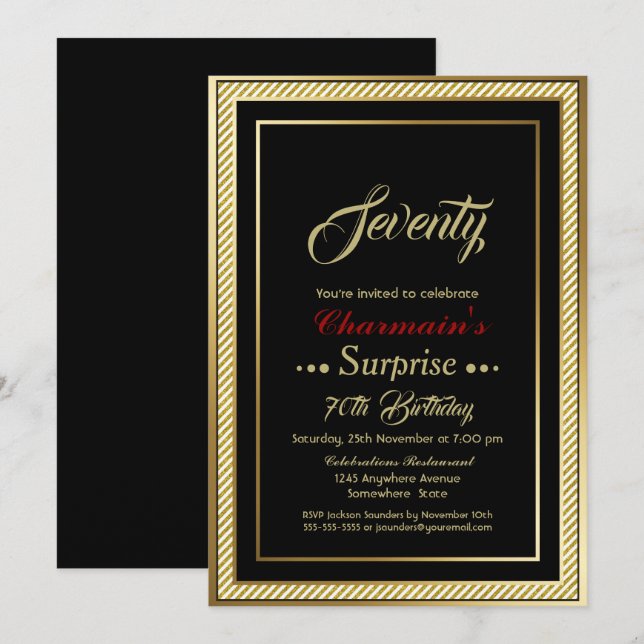 Invitación Purpurina de oro negro sorpresa 70 cumpleaños fies (Anverso / Reverso)