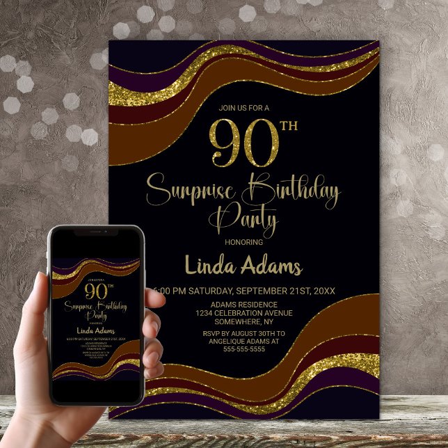 Invitación Purpurina de oro negro sorpresa fiesta de cumpleañ (Subido por el creador)