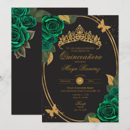 Invitación Purpurina de oro negro verde mariposa Quinceañera