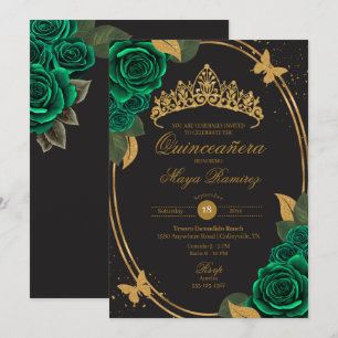 Invitación Purpurina de oro negro verde mariposa Quinceañera