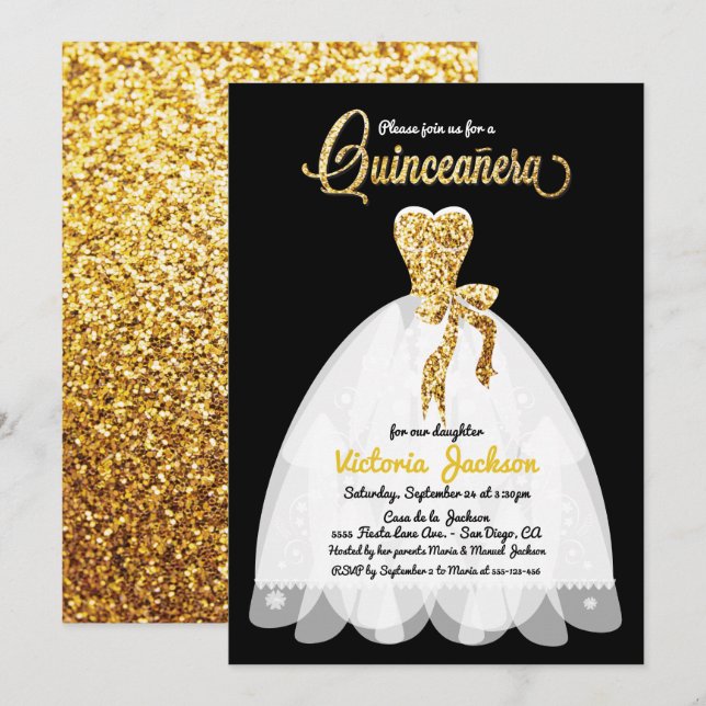 Invitación Purpurina de oro negro y blanco Quinceañera (Anverso / Reverso)