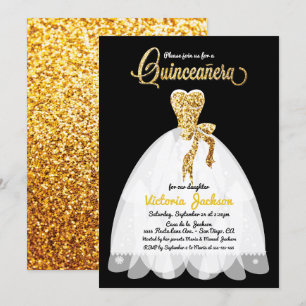 Invitación Purpurina de oro negro y blanco Quinceañera