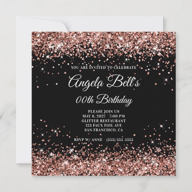 Invitación Purpurina de oro negro y espumoso Rosa (Anverso)