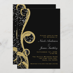 Invitación Purpurina de oro negro y plata Boda elegante de Sw