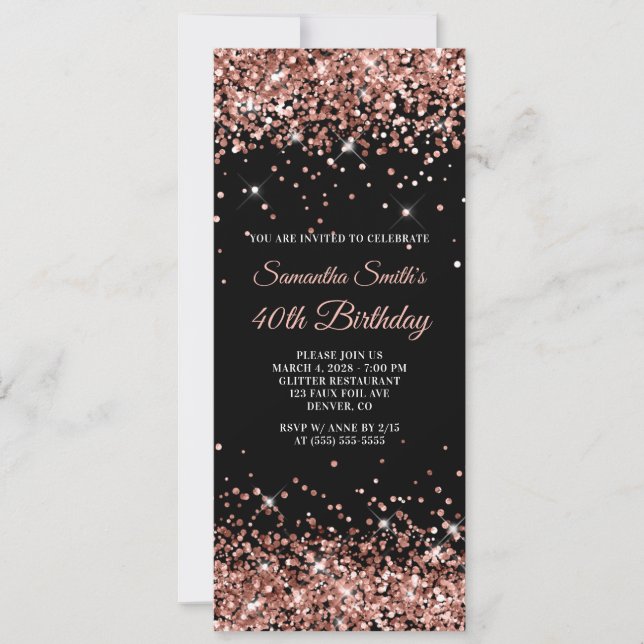 Invitación Purpurina de oro negro y Rosa 40 cumpleaños (Anverso)
