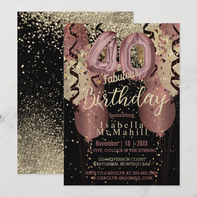 Invitación Purpurina de oro negro y Rosa 40 cumpleaños (Anverso / Reverso)