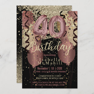Invitación Purpurina de oro negro y Rosa 40 cumpleaños