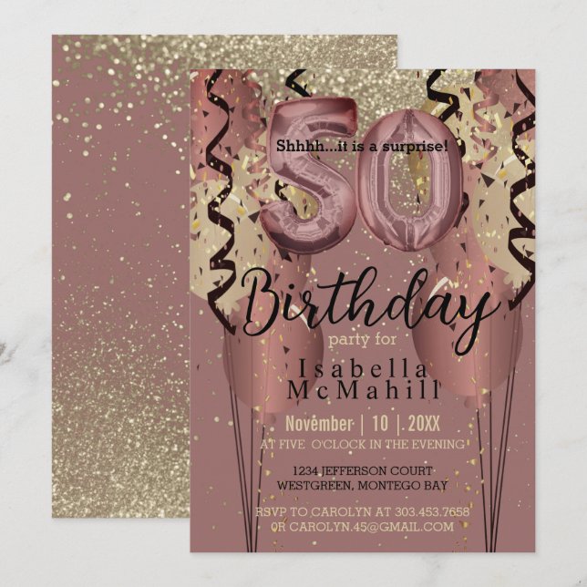 Invitación Purpurina de oro negro y Rosa 50 cumpleaños (Anverso / Reverso)