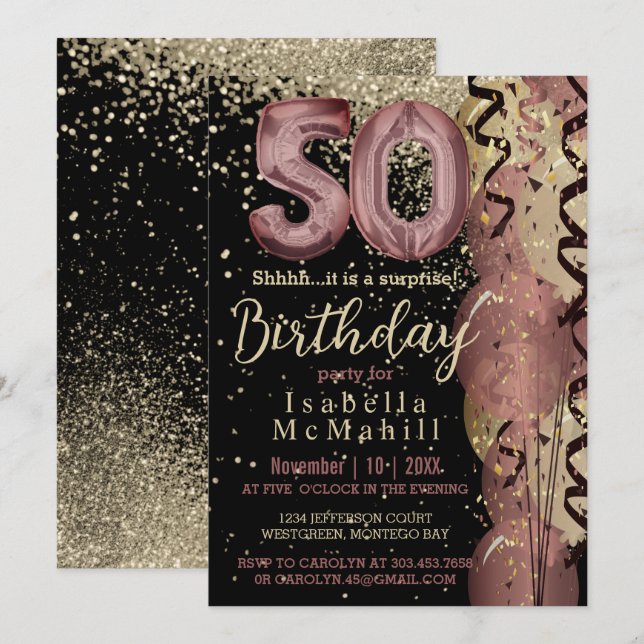 Invitación Purpurina de oro negro y Rosa 50 cumpleaños (Anverso / Reverso)