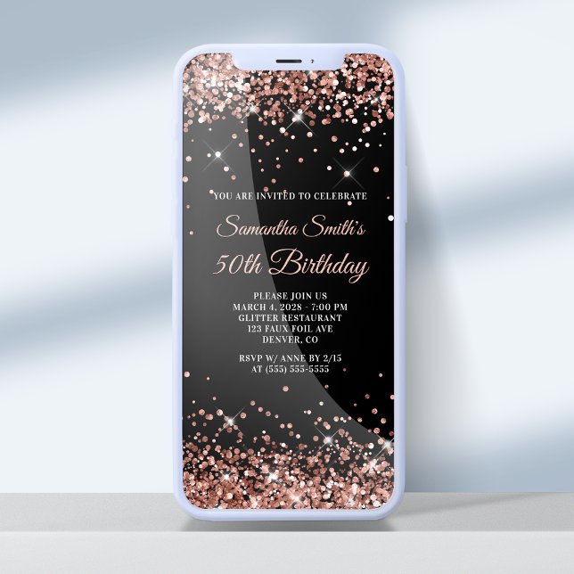 Invitación Purpurina de oro negro y Rosa 50 cumpleaños (Subido por el creador)