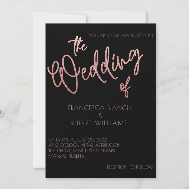 Invitación Purpurina de oro negro y Rosa Boda Art Deco (Anverso)
