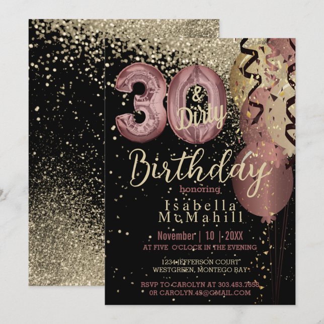 Invitación Purpurina de oro negro y Rosa cumpleaños 30 y suci (Anverso / Reverso)