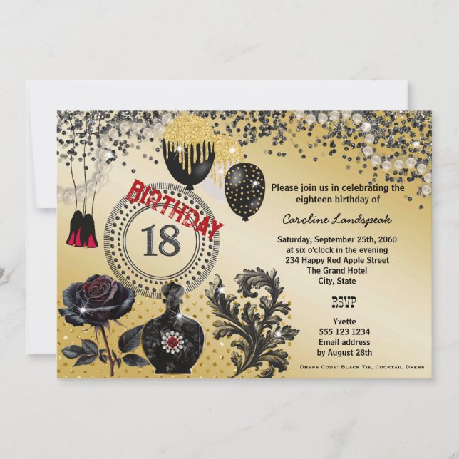 Invitación Purpurina de oro negro y tacones altos 18 cumpleañ (Anverso)