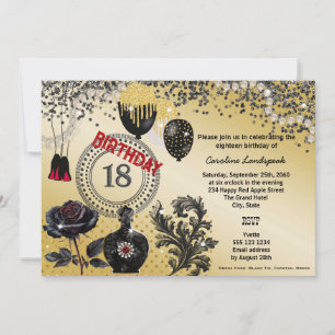Invitación Purpurina de oro negro y tacones altos 18 cumpleañ