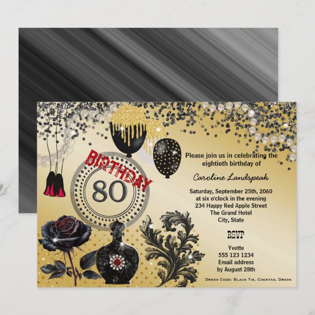 Invitación Purpurina de oro negro y tacones altos 80 cumpleañ (Anverso / Reverso)