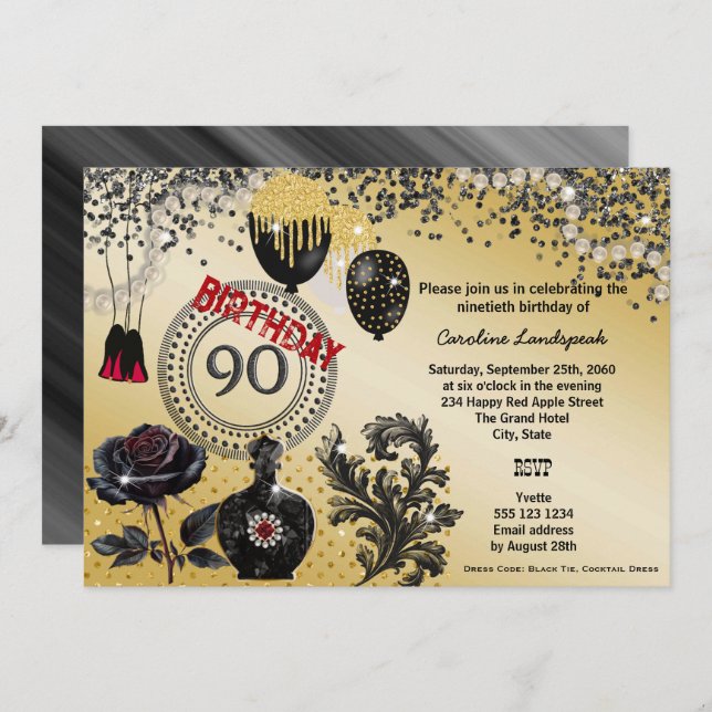 Invitación Purpurina de oro negro y tacones altos 90 cumpleañ (Anverso / Reverso)