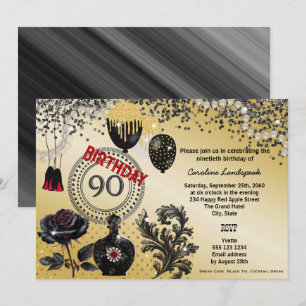 Invitación Purpurina de oro negro y tacones altos 90 cumpleañ