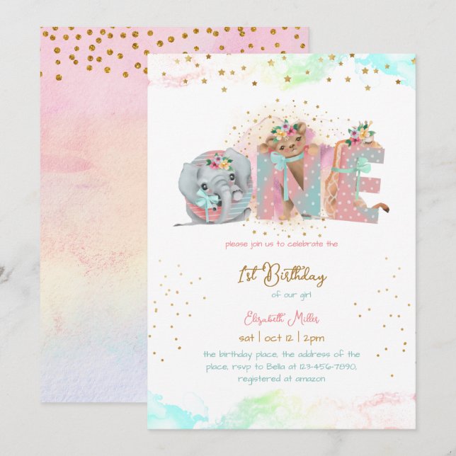 Invitación Purpurina de oro Niña Rosa Azul Primer cumpleaños (Anverso / Reverso)
