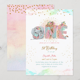 Invitación Purpurina de oro Niña Rosa Azul Primer cumpleaños