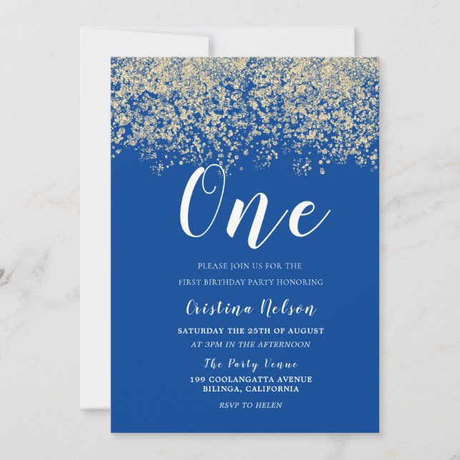 Invitación Purpurina de oro Niños Azules Primer Fiesta de cum (Anverso)