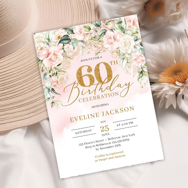 Invitación Purpurina de oro número de rosas blandas rosadas 6 (Watercolor blush pink roses eucalyptus and gold 60th birthday invitation digital)