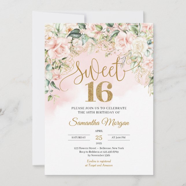 Invitación Purpurina de oro número de rosas blandas rosas dul (Anverso)