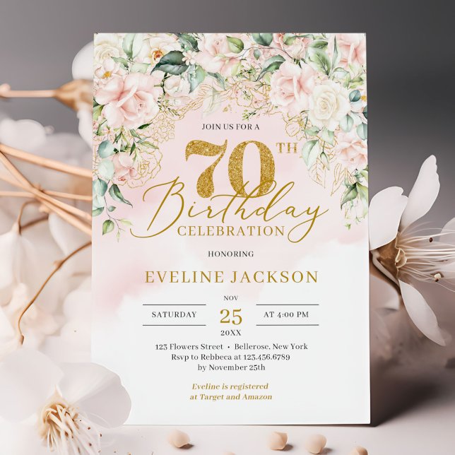Invitación Purpurina de oro número rosas blandas rosadas 70 c (Chic elegant soft pink roses greenery and gold 70th birthday invitation digital)