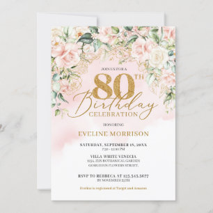 Invitación Purpurina de oro número rosas blandas rosadas 80 c