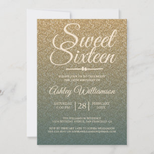 Invitación Purpurina de oro Ombre Merald Sweet 16 Cumpleaños