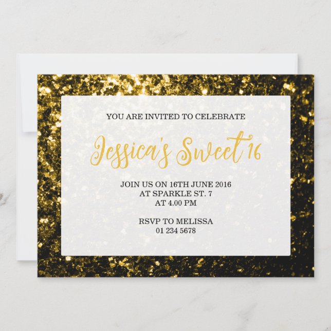 Invitación Purpurina de oro oscuro chispa Sweet 16 guión eleg (Anverso)