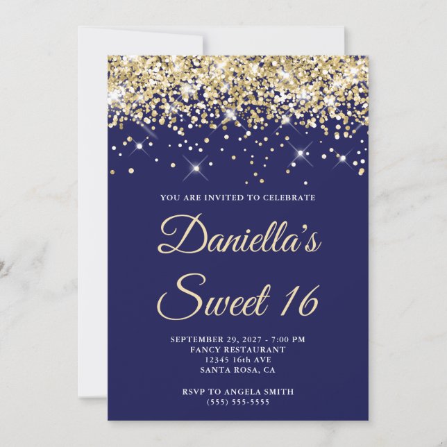 Invitación Purpurina de oro pálido marina dulce 16 (Anverso)