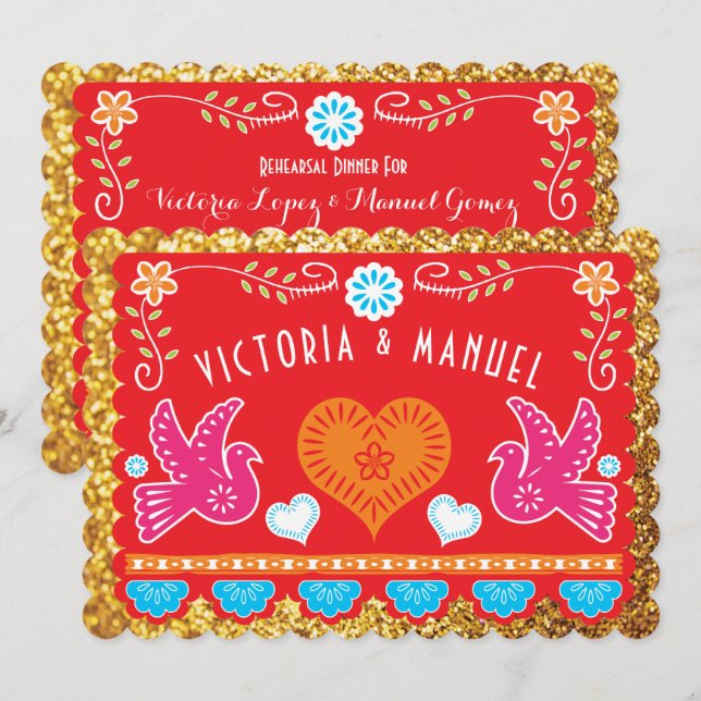 Invitación Purpurina de oro Papel Picado (Anverso / Reverso)