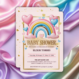 Invitación Purpurina de oro Pastel Hearts y Rainbow Baby Show
